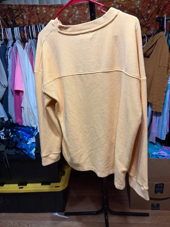 Wonderly Pastel Orange Ribbed Split Neck Long Sleeve Top Pocket [Size] - Picture 2 of 3